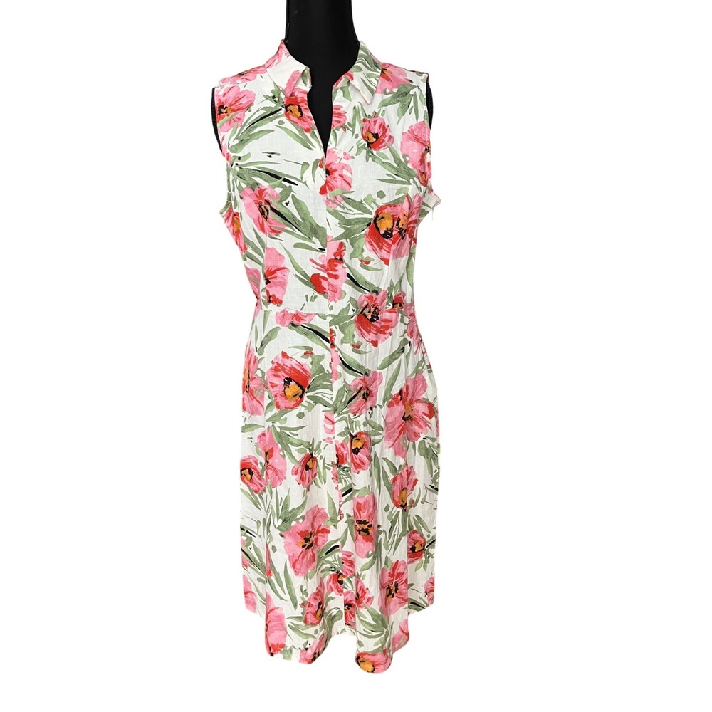 Tahari‎ Floral Poppy Print Sleeveless Linen Blend Midi Dress White Pink Green S